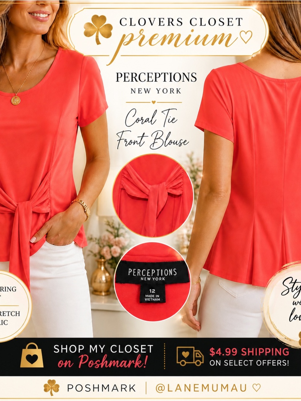 Perceptions New York Coral Tie Front Blouse Size 12 Silky Stretch Top